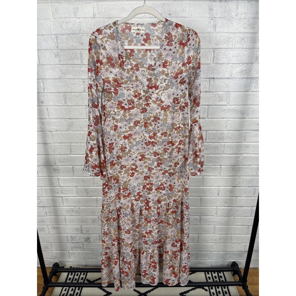 Natural Life Sheer Floral Maxi Dress Womens Size XS Bell Sleeve Cottagecore